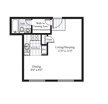 Floor plan for studio, 1 bath, 483 sqft